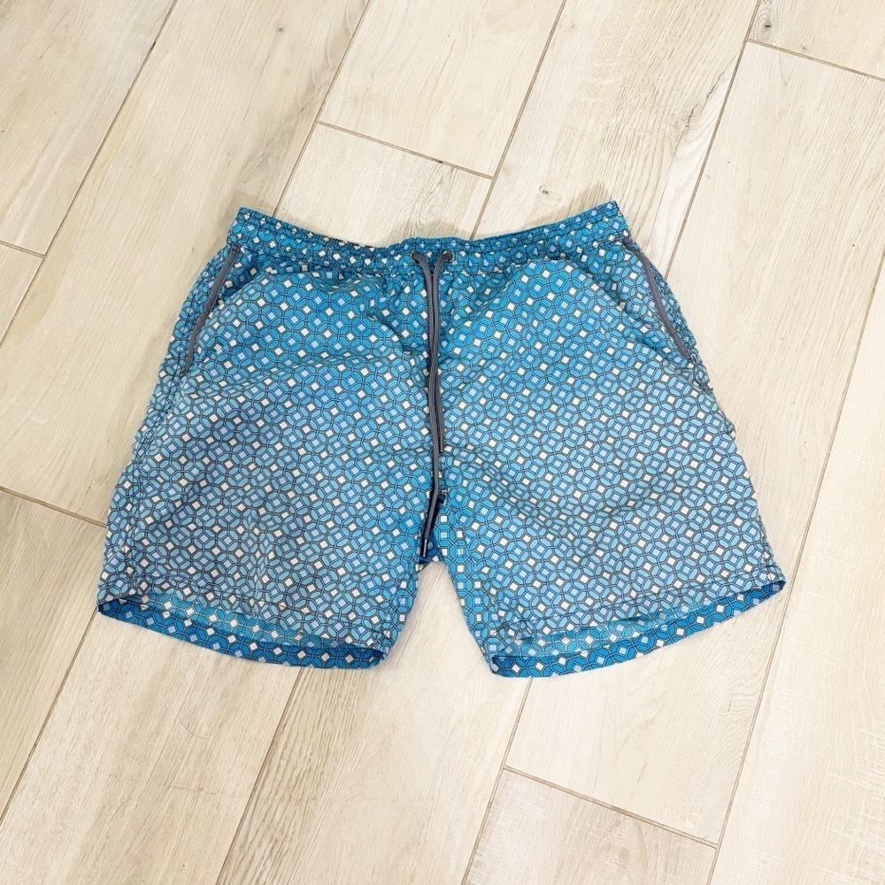 MR SWIM Men’s Blue Geometric 7” Inseam Swim Trunks Mesh Lining Pockets Size L